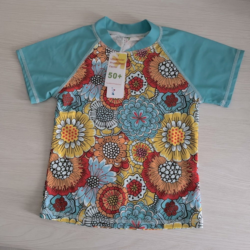Sunshine Swing Kids Floral Swim Shirt - Blue, Orange, Yellow NWT Size 7